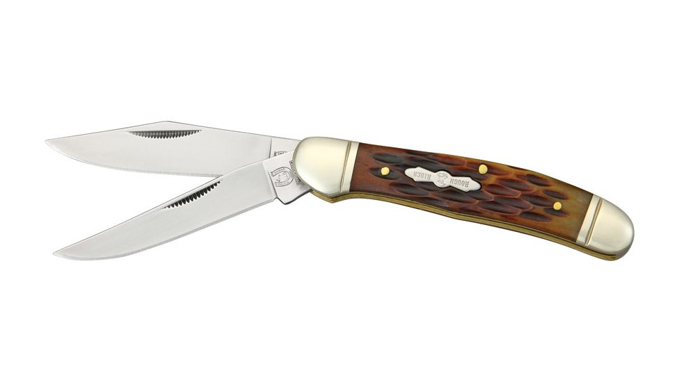 Rough Rider Copperhead Fold knife, 440 SS clip and skinning blade, Amber jigged bone handle RR043