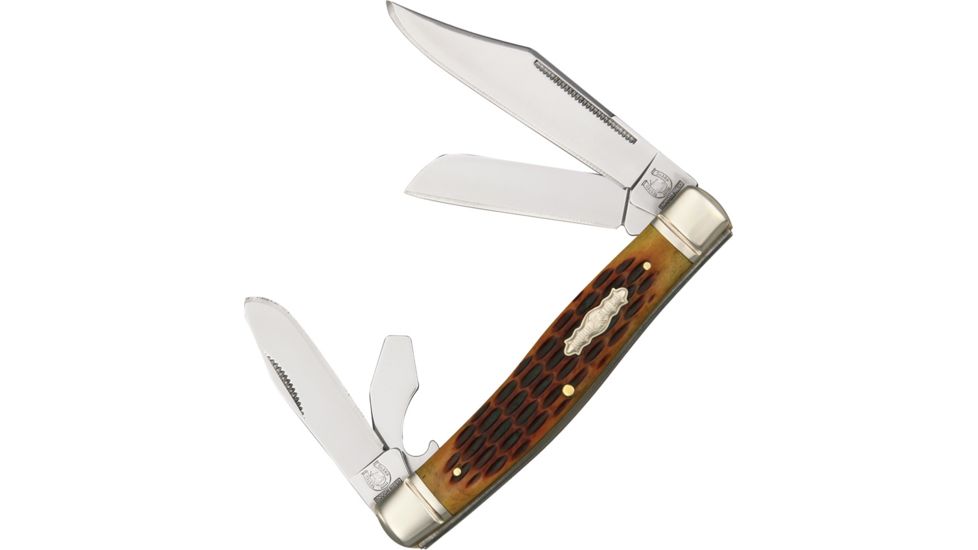 Rough Rider Four Blade Stockman  Fold Knife, Clip, spey and sheepsfoot blade, Amber jigged bone handle RR1355