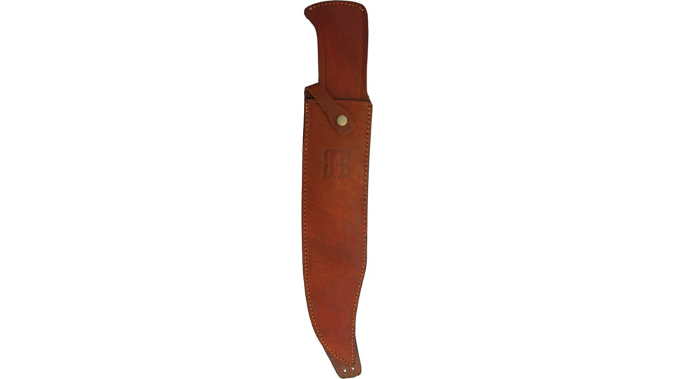 Rough Rider Gold Star Bowie Knife, 19.5in Overall, 14.5in Damascus Steel Clip Point Blade, Brown Bone Handle, Brass D-Guard, Brown Leather Sheath, RR1942