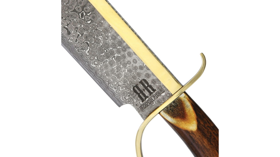 Rough Rider Gold Star Bowie Knife, 19.5in Overall, 14.5in Damascus Steel Clip Point Blade, Brown Bone Handle, Brass D-Guard, Brown Leather Sheath, RR1942