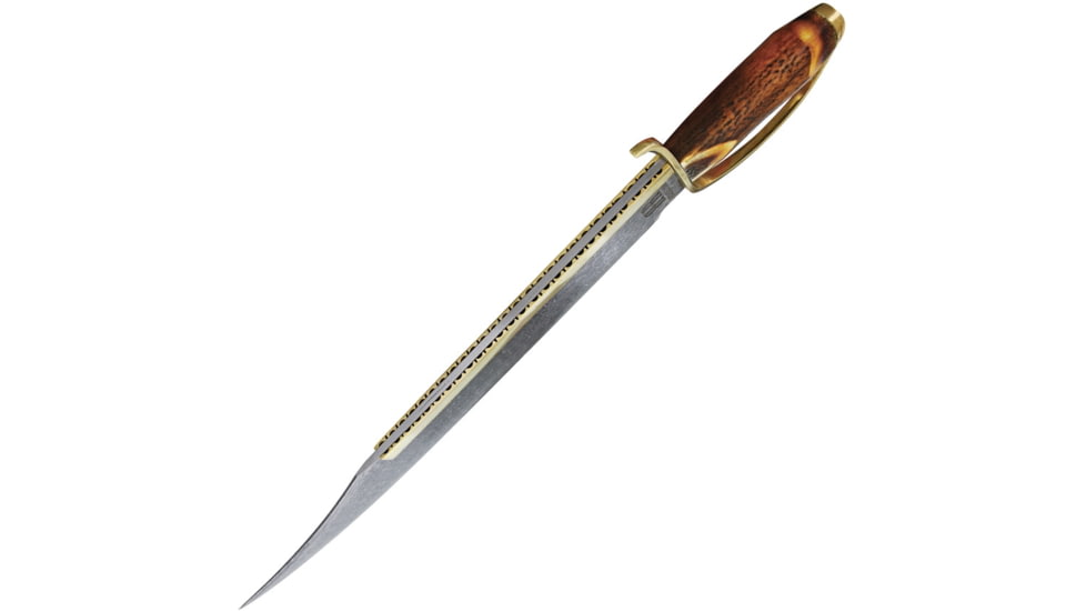 Rough Rider Gold Star Bowie Knife, 19.5in Overall, 14.5in Damascus Steel Clip Point Blade, Brown Bone Handle, Brass D-Guard, Brown Leather Sheath, RR1942