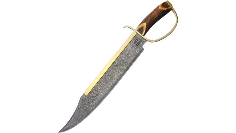 Rough Rider Gold Star Bowie Knife, 19.5in Overall, 14.5in Damascus Steel Clip Point Blade, Brown Bone Handle, Brass D-Guard, Brown Leather Sheath, RR1942