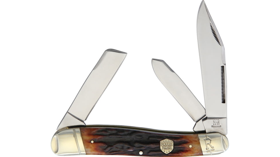 Rough Rider Lg Stockman Brown Stag Bone Folding Knife, Mirror SS Clip, Sheepsfoot, Spey Blades, Brown Stag Bone Handle, KC015R
