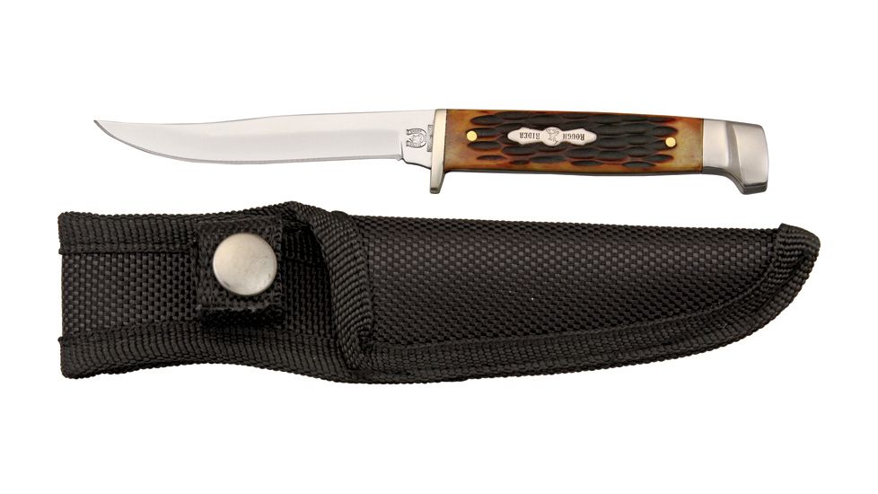 Rough Rider Small Hunter Fixed knife 6.25in, Full tang Blade, Amber jigged bone handle RR1033
