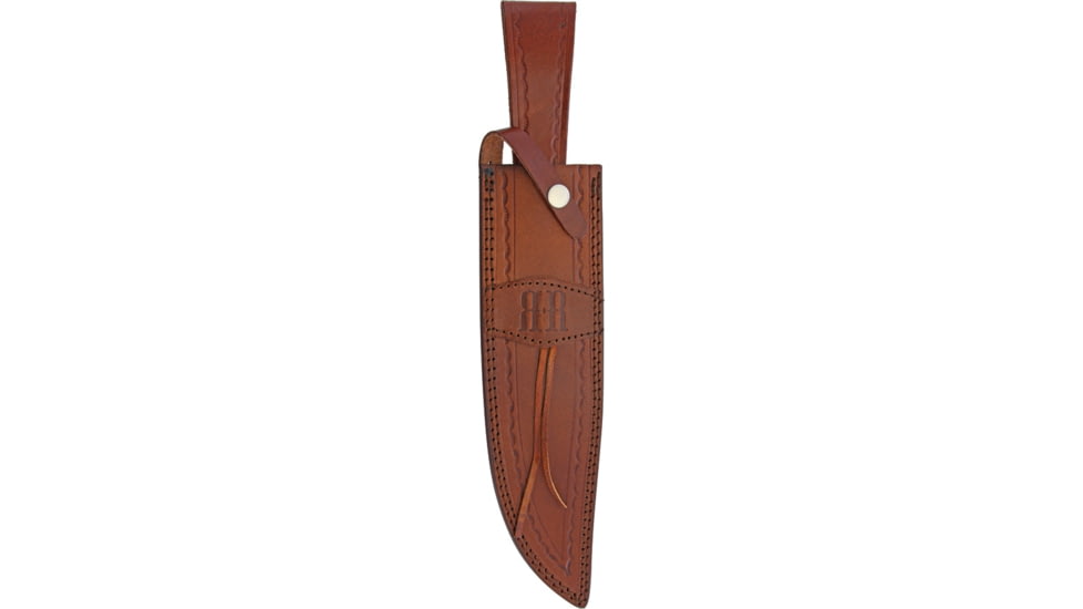 Rough Rider Stacked Leather Bowie Knife, 16.75in Overall, 11in Satin SS Clip Point Blade, Brass Guard, Stacked Leather And Black Pakkawood Handle, Leather Sheath, RR2006 / SM1075