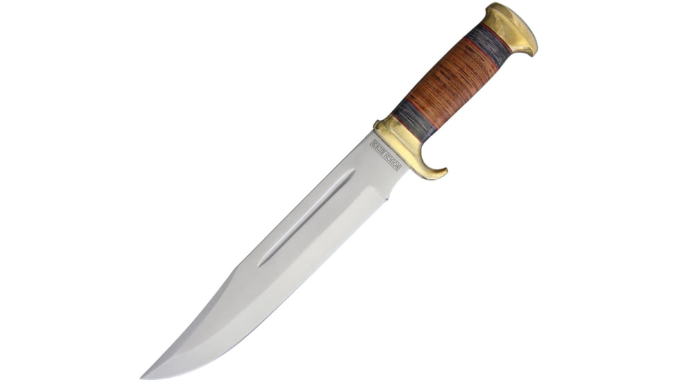 Rough Rider Stacked Leather Bowie Knife, 16.75in Overall, 11in Satin SS Clip Point Blade, Brass Guard, Stacked Leather And Black Pakkawood Handle, Leather Sheath, RR2006 / SM1075