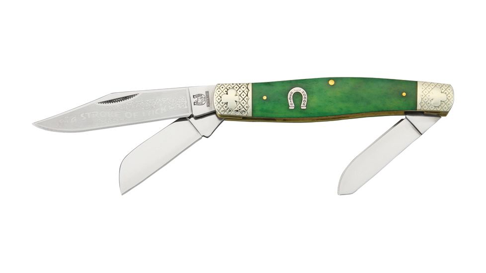 Rough Rider Stockman Fold Knife 4 1/4in., Clip, spey and sheepsfoot blade, Smooth green bone handle RR1057