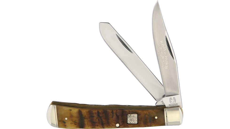 Rough Rider Trapper Rams Horn Jigged Bone Folding Knife,Stainless Steel,Standard Edge,Clip and Pen,Mirror Polish,Rams Horn,Jigged Bone Handle, KB201 RAMS HORN BONE