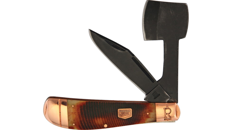 Rough Rider Backwoods Bushcrafter, Black stonewash finish stainless clip and axe blad, Brown jigged bone handle, BB221 FOLDING CHOPPER
