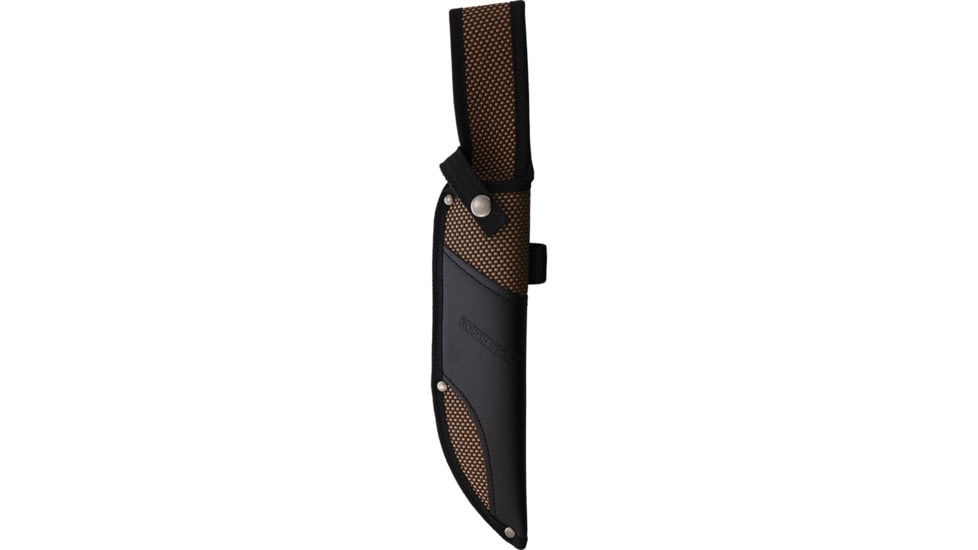 Rough Rider Stacked Leather Combat Bowie Knife, 14in Overall, 9.5in Black Stonewash Stainless Bowie Blade, Stacked Leather HandleBlack Synthetic Belt Sheath, RR2586 C1019