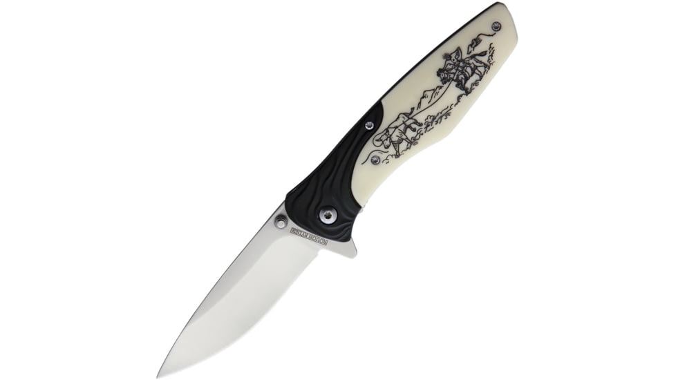 Rough Rider Cowboy Scrimshaw Linerlock A/O Folding Knife, 3.25 satin finish stainless blade, Black aluminum handle with white smooth bone front, BF210642