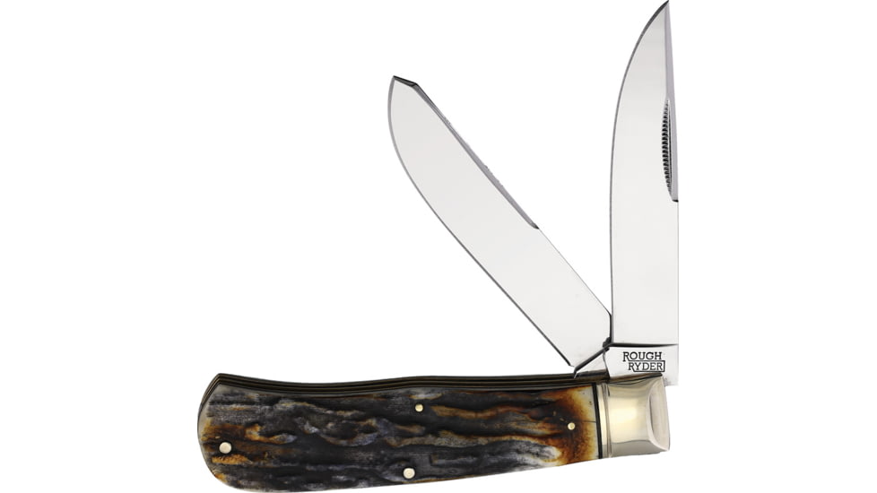Rough Rider Jumbo Trapper Cinnamon Knife, 4.5in Closed, Mirror Carbon Steel Clip/Spey Blades, Cinnamon Stag Bone Handle, KB322H