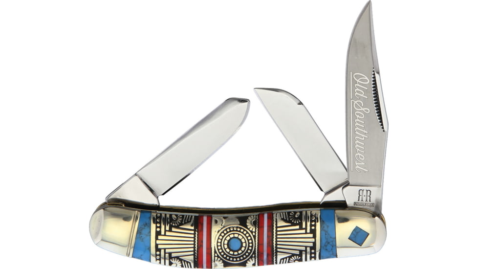 Rough Rider Old Southwest Sowbelly Stockmn Folding Knife, Mirror finish stainless clip, sheepsfoot, and spey, Red and blue stone handle with southwest style nic, KB302R / RR1753