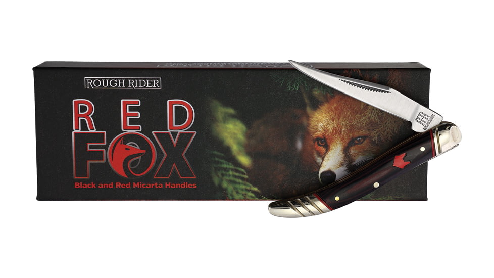 Rough Rider Red Fox Mini Toothpick Folding Knife, 3in Closed, Satin Stainless Long Clip Blade, Black/Red Micarta Handle, RR2296 KB106R