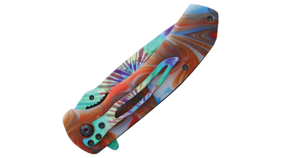 Rough Rider Tie Dye Linerlock A/O Folding Knife, 4.5in Closed, 3.25in SS Drop Point, Synthetic Handle, Thumb Stud, Pocket Clip, Tie Dye Pattern Blade, Red And Blue Swirl Handle, BF210511/RR1909