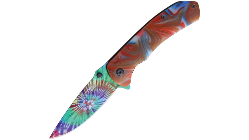 Rough Rider Tie Dye Linerlock A/O Folding Knife, 4.5in Closed, 3.25in SS Drop Point, Synthetic Handle, Thumb Stud, Pocket Clip, Tie Dye Pattern Blade, Red And Blue Swirl Handle, BF210511/RR1909