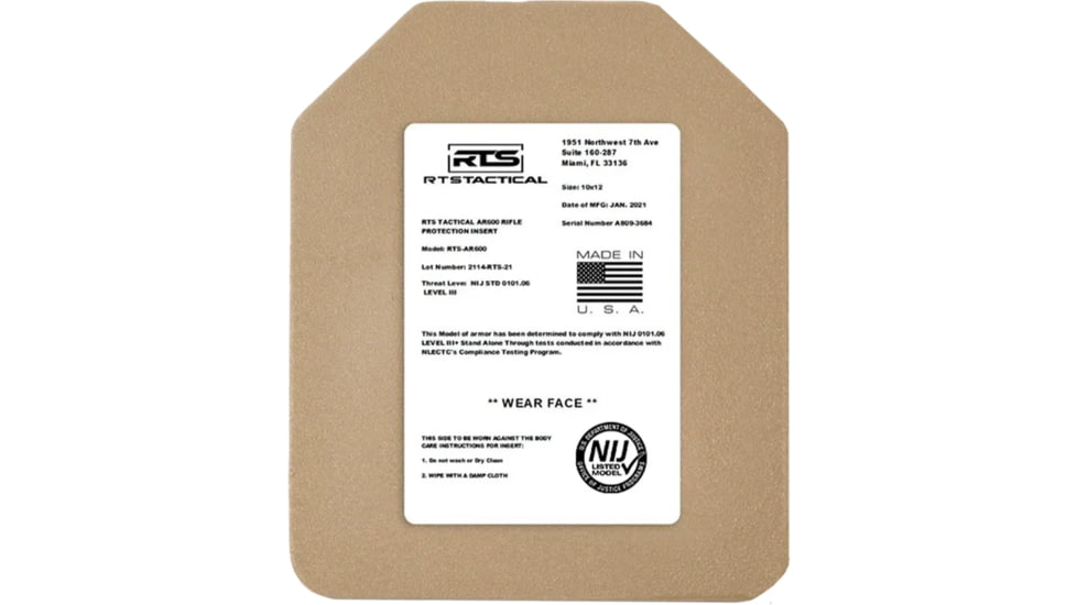 RTS Tactical AR600 Level III+ Special Threat Insert - 10X12 - Base Coat, Tan, RTS-45600