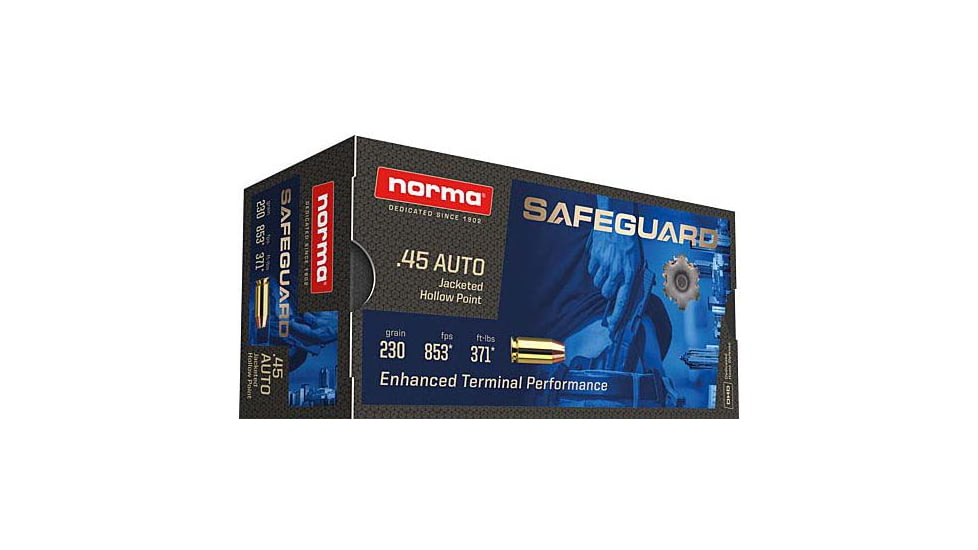 Norma Safeguard .45 ACP 230 grain Jacketed Hollow Point Brass Cased Centerfire Pistol Ammo, 50 Rounds