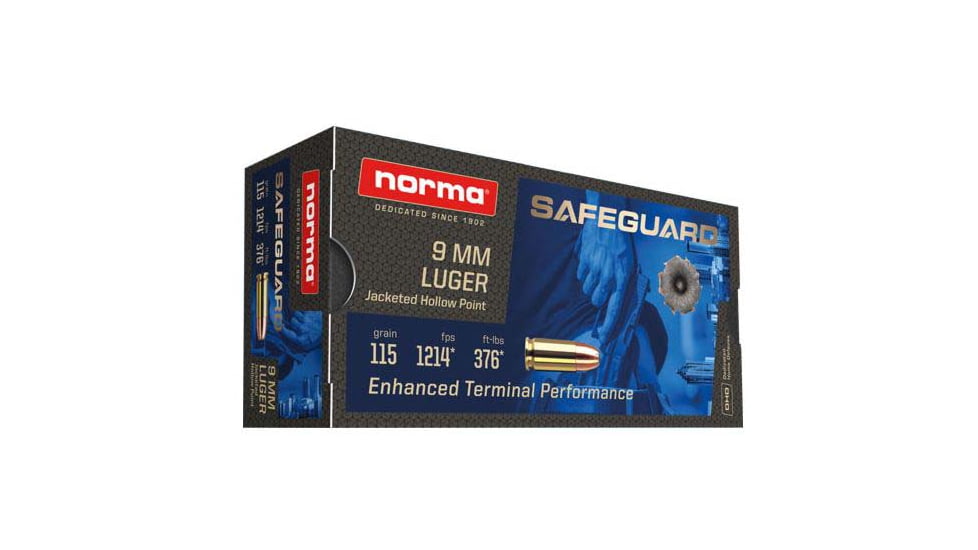 Norma Safeguard 9mm Luger 115 grain Jacketed Hollow Point Brass Cased Centerfire Pistol Ammo, 50 Rounds