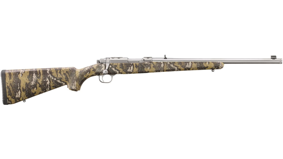 Ruger 77/357 Bolt Action Rifle, .357 Magnum/.38 Special, 18.5in 1/2x28 TPI Barrel, 1-16, Adj Rear Sight, Synthetic Camoflage Stock, Stainless, 7420-FRRMPG