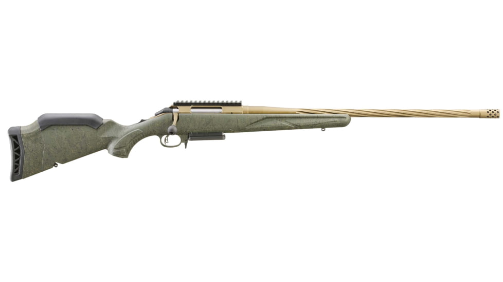 Ruger American Gen II Predator Bolt Action Rifle, 6.5 PRC, 22in Fluted Threaded Barrel, 1-8, Splatter Green Stock, Cerakote Burnt Bronze, 46946-FRRMPG