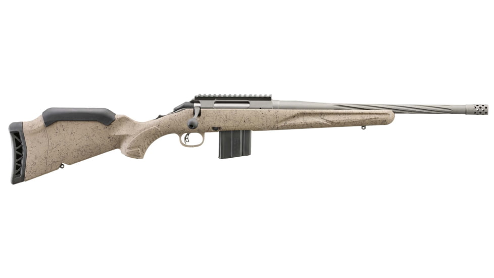 Ruger American Gen II Ranch Bolt Action Rifle, 6mm ARC, 16.1in Fluted Threaded Cerakote Cobalt Barrel, 1-7.7, Splatter FDE Stock, Cobalt, 46926-FRRMPG