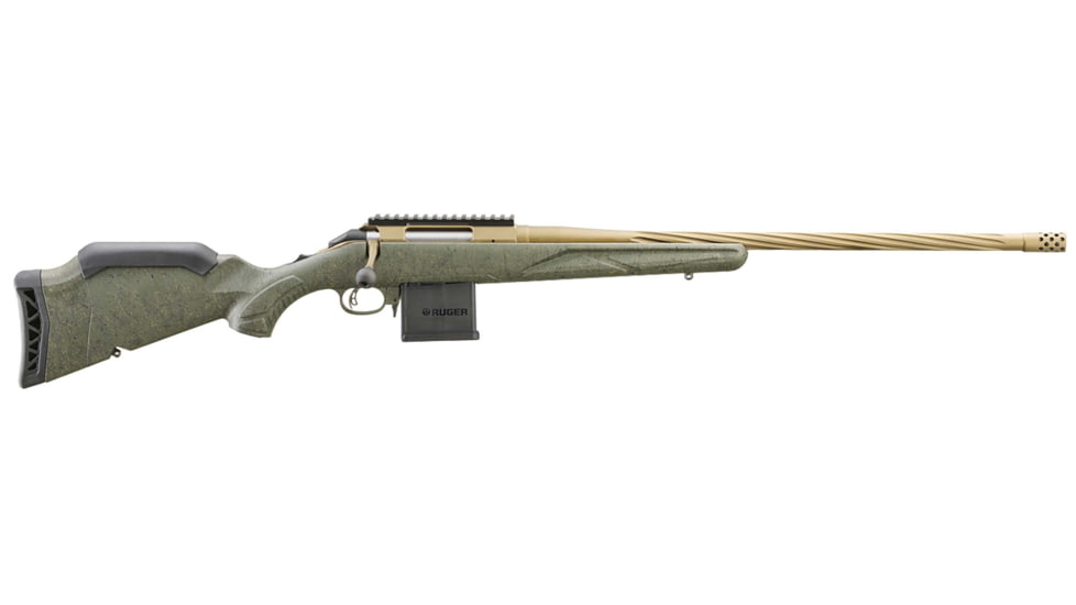 Ruger American Gen II Predator Bolt Action Rifle, 6mm ARC, 22in Fluted Threaded Barrel, 1-7.7, Splatter Green Stock, Cerakote Burnt Bronze, 46941-FRRMPG