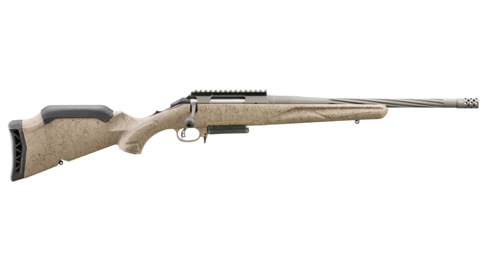 Ruger American Gen II Ranch Bolt Action Rifle, 308 Win/7.62x51 NATO, 16.1in Fluted Threaded Cerakote Cobalt Barrel, 1-10, Splatter FDE Stock, Cobalt, 46929-FRRMPG