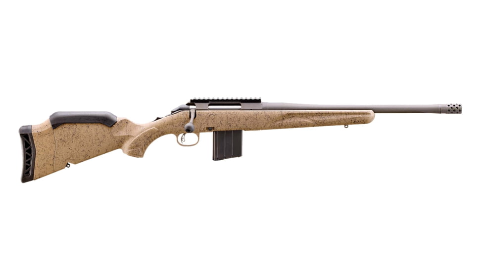 Ruger American Gen II Ranch Bolt Action Rifle, .400 legend, 16.1in Threaded Cerakote Cobalt Barrel, 1-16, Splatter FDE Stock, Cobalt, 46924-FRRMPG