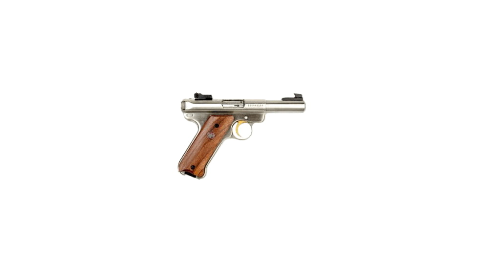 Ruger Mark II Pistol, .22 Long Rifle, 4 in barrel, stainless steel frame, smooth rosewood grip, blowback operated semi-auto, fixed front, adjustable rear, 10 round magazine, Mark II-22-4-1-FRRMPG