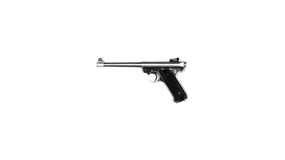 Ruger Mark II Pistol, .22 Long Rifle, 6.875 in barrel, stainless steel frame, black synthetic grip, blowback operated semi-auto, fixed front, adjustable rear, stainless steel barrel, 10 round magazine, Mark II-22-6875-1-FRRMPG