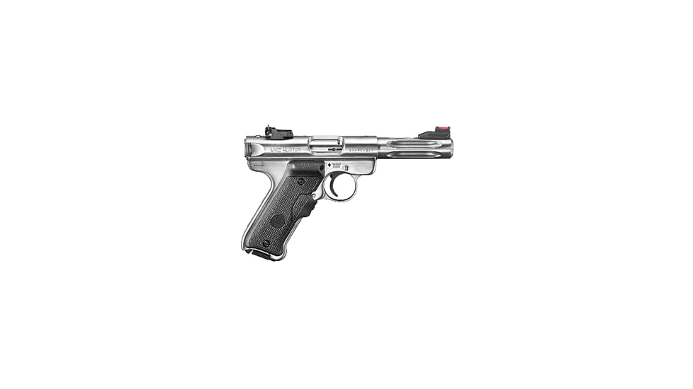 Ruger Mark III Hunter Pistol, .22 Long Rifle, 4.5 in barrel, stainless steel frame, Crimson Trace Lasergrips grip, blowback operated semi-auto, fiber-optic front, V-notch adj. rear, 10 round magazine, Mark III HT-45-1-FRRMPG