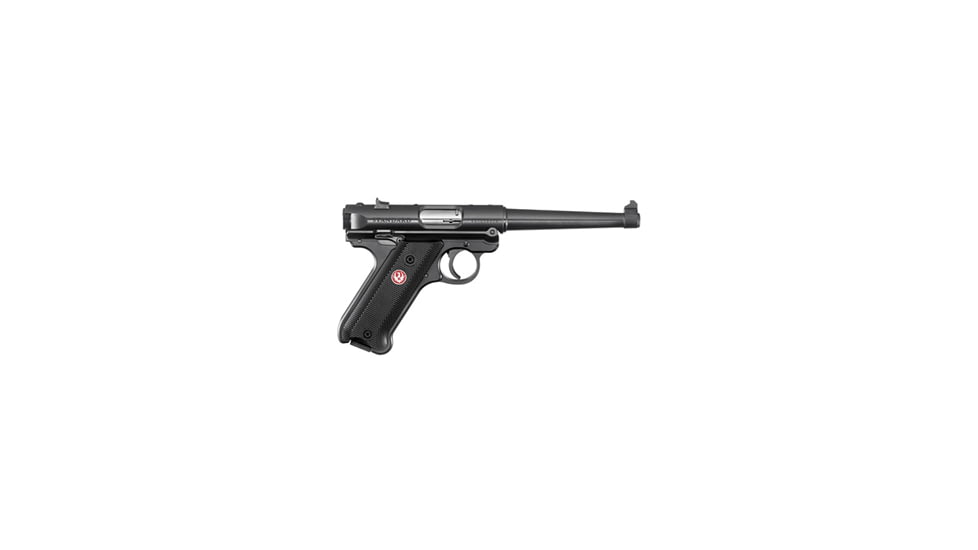 Ruger Mark IV Standard Pistol, .22 Long Rifle, 6 in barrel, aluminum frame, black checkered plastic grip, blowback operated semi-auto, fixed blade and notch, 10 round magazine, Mark IV STD6-1-FRRMPG
