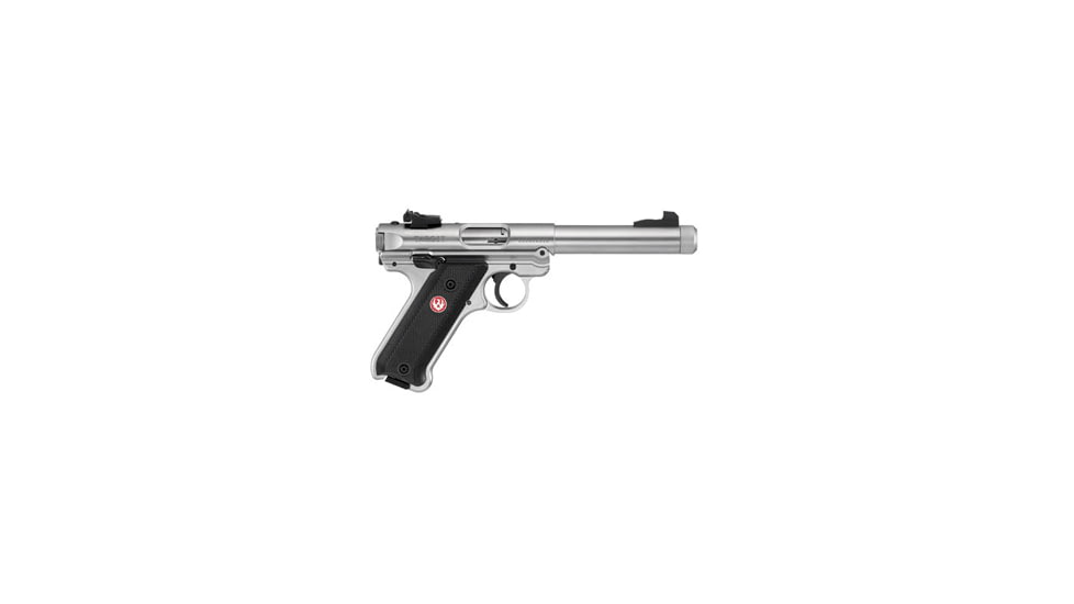 Ruger Mark IV Target Pistol, .22 Long Rifle, 5.75 in barrel, stainless steel frame, black checkered plastic grip, blowback operated semi-auto, fixed blade front, adj. target rear, 10 round magazine, Mark IV TG575-1-FRRMPG