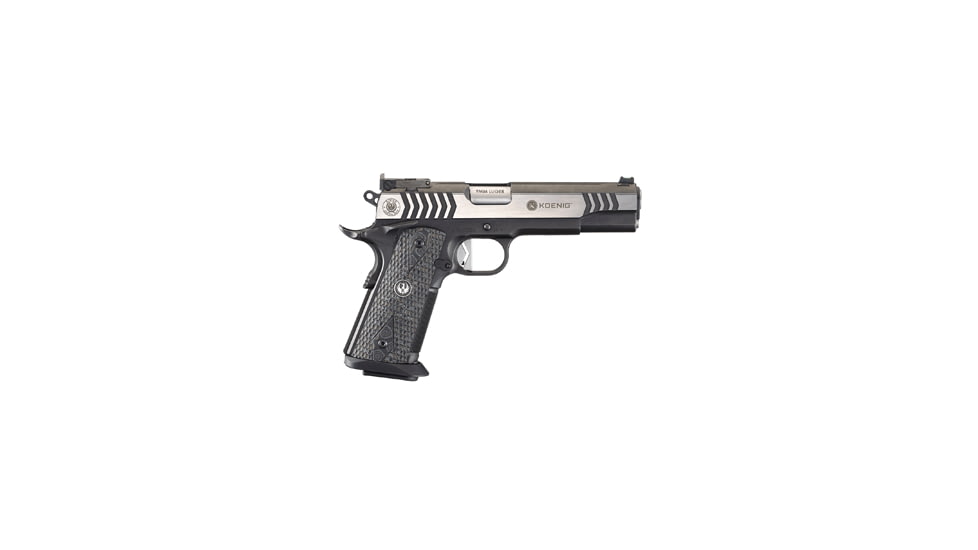 Ruger SR1911 Competition Pistol, 9mm Luger, 5 in barrel, matte black stainless steel frame, Hogue G-10 Piranha grips grip, recoil operated semi-automatic, fiber-optic front, adjustable target rear, 10 round magazine, SR1911 CMP-1-FRRMPG