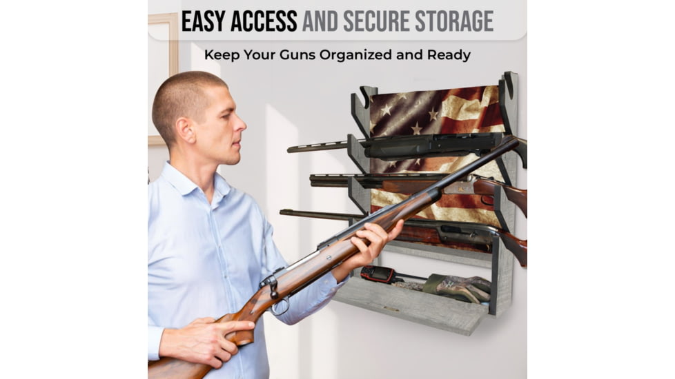 Rush Creek Creations 4 Gun Wall Rack w/Storage, Barn Wood/Americana Flag, 38-4047