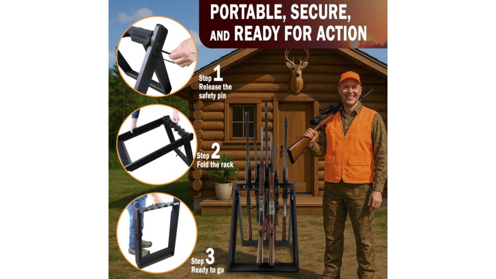 Rush Creek Creations Deer Camp Portable 10 Gun Folding Storage Rack, Black, 38-0238
