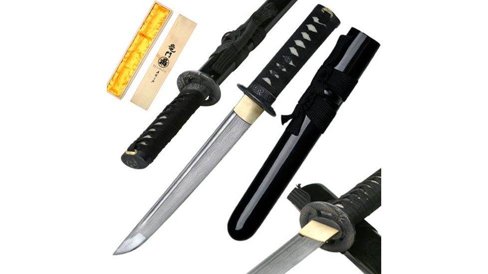 Ryumon Fixed Blade, 17in, High Carbon Damascus Steel Blade, Cotton Wrapped With Real Ray Skin Handle RY-3045