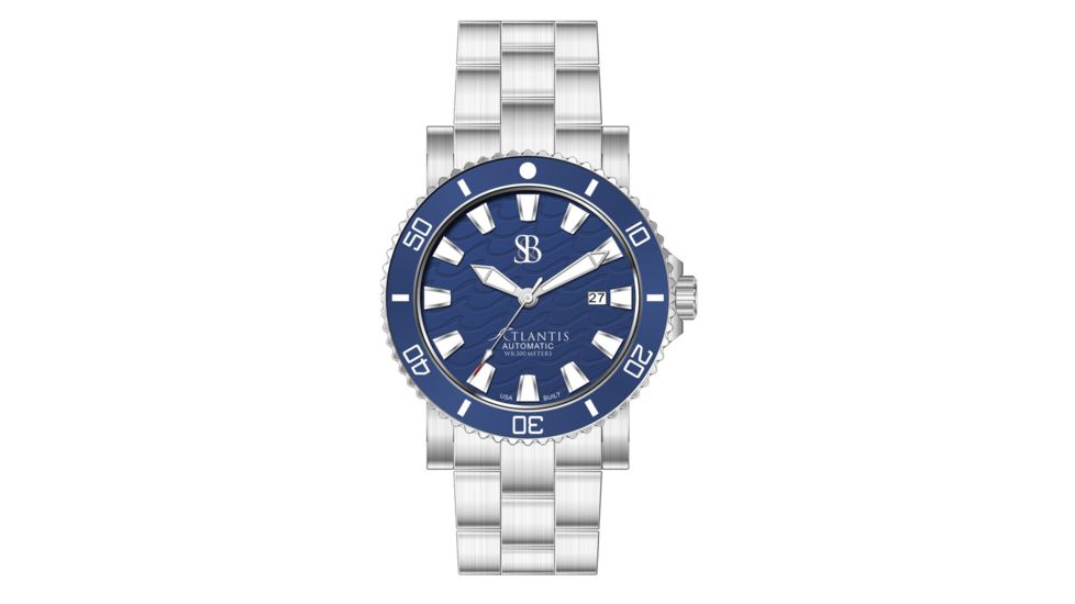 Smith &amp; Bradley Watches Atlantis A2 Ceramic Automatic Watch, 44mm Silver 316L Stainless Steel Case, Blue Dial, Unisex, ATC301