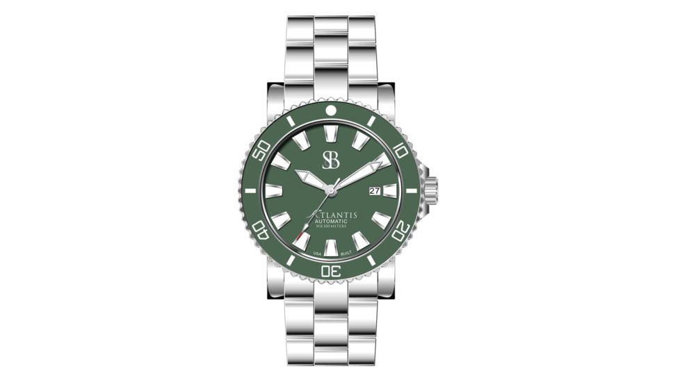 Smith &amp; Bradley Watches Atlantis A2 Ceramic Automatic Watch, 44mm Silver 316L Stainless Steel Case, Green Dial, Unisex, ATC303