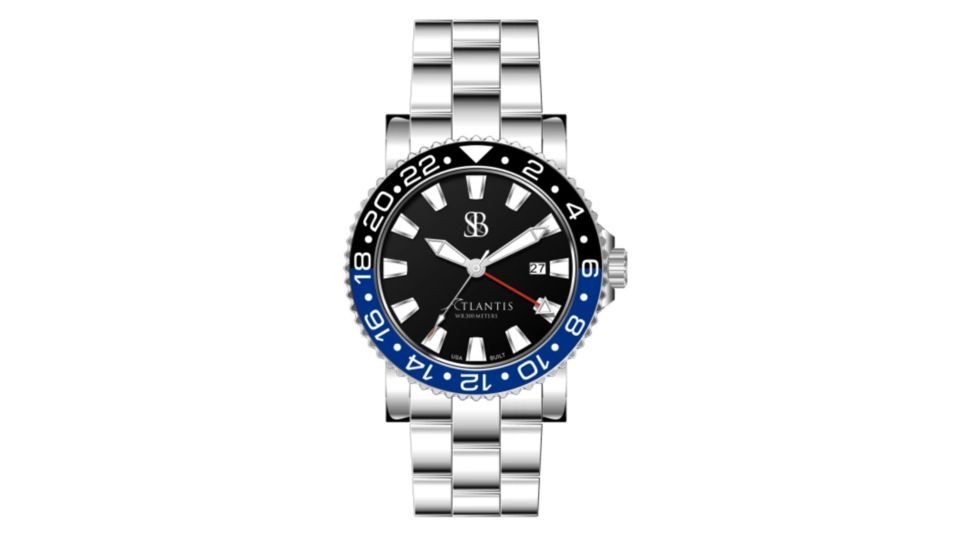 Smith &amp; Bradley Watches Atlantis A2 Ceramic Quartz Watch GMT, 44mm Silver 316L Stainless Steel Case, Batman Dial, Unisex, ATC201
