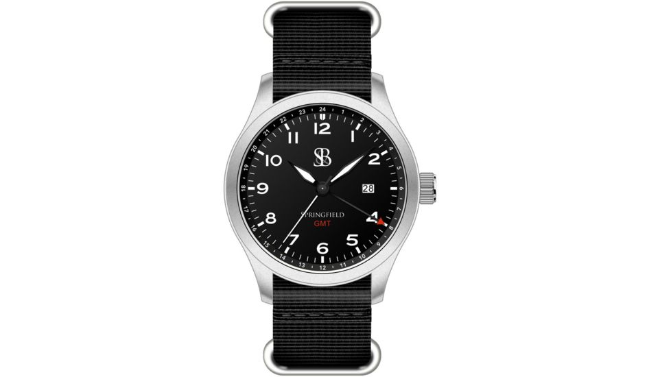 Smith &amp; Bradley Watches Springfield GMT Watch, Silver Case/Black Dial, 44mm, SPR101