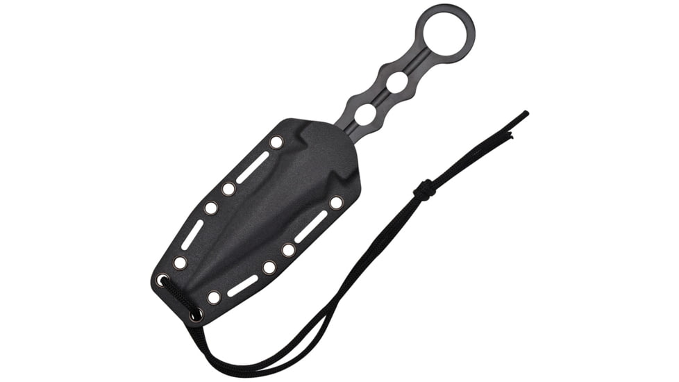 S-TEC Tactical Throwing Knife Fixed Blade Knife, 9in Overall, 2.5in Double Edge Blade, Finger Ring, One Piece Black 440 SS Construction, Black Nylon Neck Sheath, TS200BK