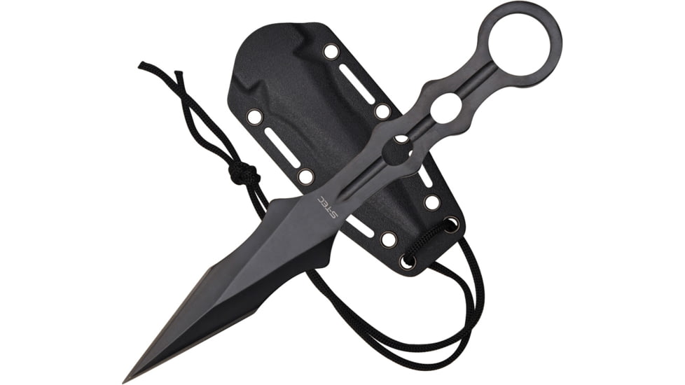 S-TEC Tactical Throwing Knife Fixed Blade Knife, 9in Overall, 2.5in Double Edge Blade, Finger Ring, One Piece Black 440 SS Construction, Black Nylon Neck Sheath, TS200BK