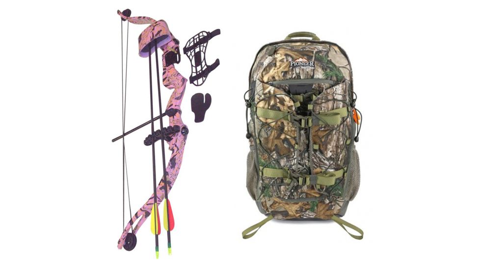 SA Sports Outdoor Gear Majestic Youth Bow, Pkg. Pink Camouflage 20lbs. RH, 566 W/ Vanguard Xl Hunting Backpack-Realtree Camo, 64793-KIT3