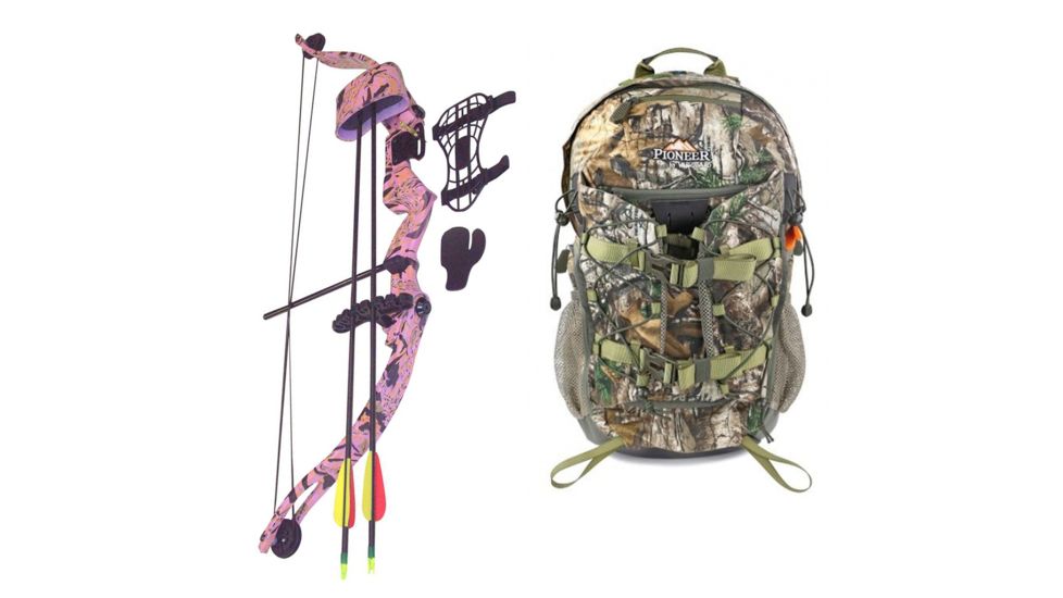 SA Sports Outdoor Gear Majestic Youth Bow, Pkg. Pink Camouflage 20lbs. RH, 566 W/ Vanguard L Hunting Backpack-Realtree Camo