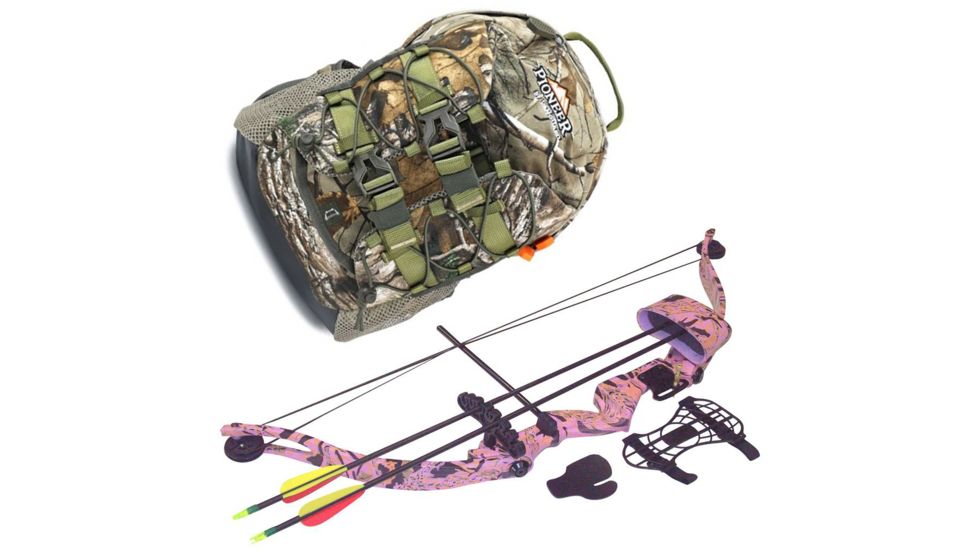 SA Sports Outdoor Gear Majestic Youth Bow, Pkg. Pink Camouflage 20lbs. RH, 566 W/ Vanguard Xl Hunting Backpack-Realtree Camo, 64793-KIT1