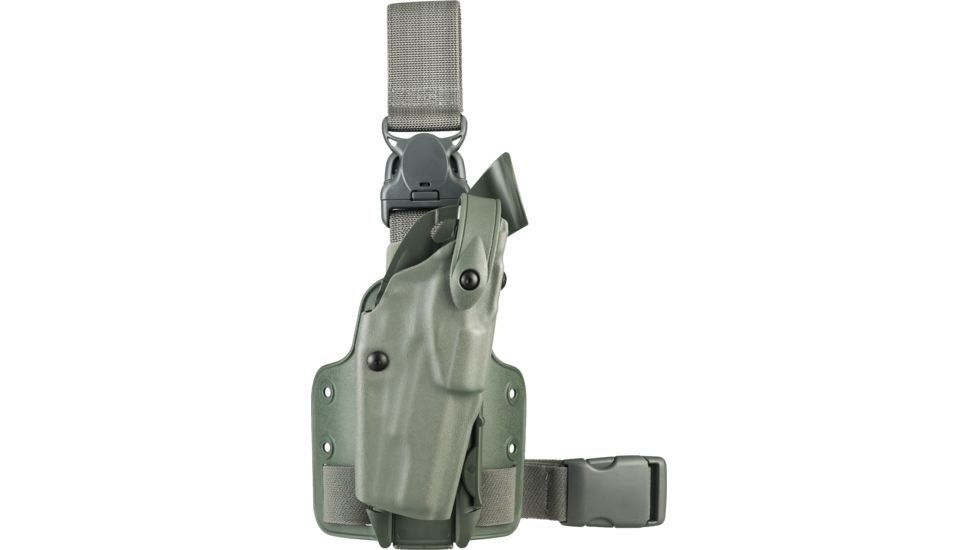 Safariland ALS Tactical Holster w/ Quick Release Leg Harness, Right Hand, STX Foliage Green Leg Shroud Single Strap Molle locking System receiver Plate and Locking Fork 6305-53-541-SP10-MS15-MS18