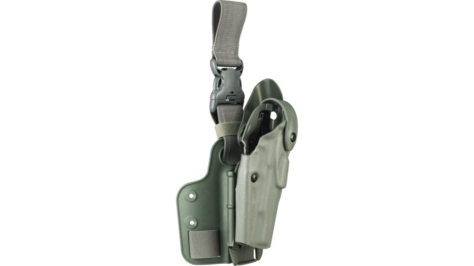 Safariland ALS Tactical Holster w/ Quick Release Leg Harness, Right Hand, STX Foliage Green Leg Shroud Single Strap Molle locking System receiver Plate and Locking Fork 6305-53-541-SP10-MS15-MS18