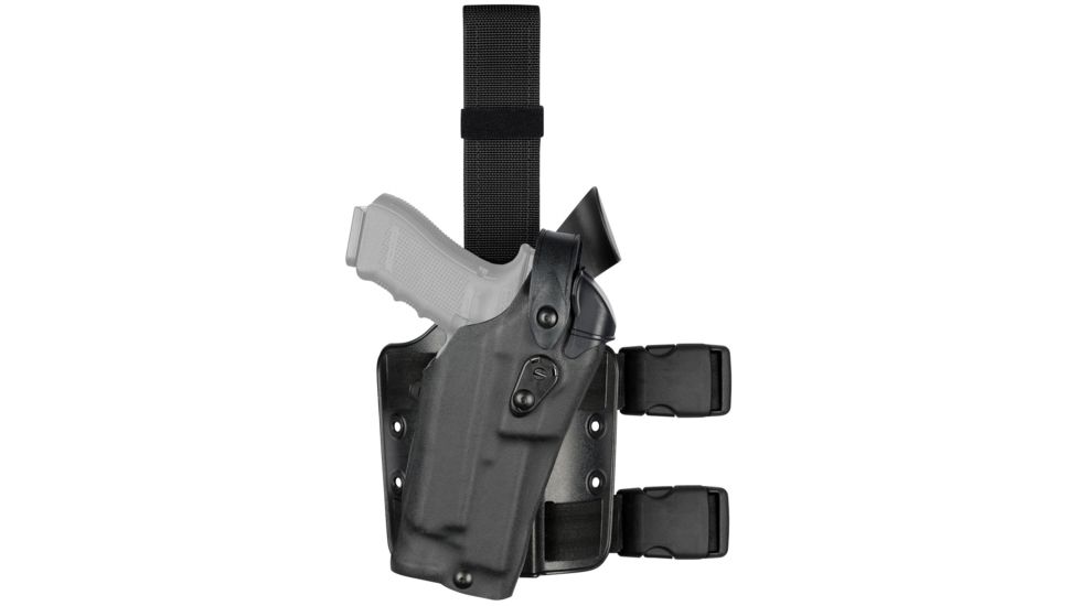 Safariland Model 6304RDS-SP10 ALS/SLS Drop Leg Holster, S&amp;W M&amp;P 9L 5in w/o Thumb Safety w/SF X200/X300, RH, STX Plain, No Thumb Safety, Single Strap, Drop Flex Adapter, Black, 6304RDS-8192-132-MS25